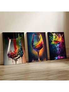 Juego de 3 piezas, Impresiones de arte en lienzo 2D, Decoración de estilo abstracto de copa de vino, Carteles de pintura de acuarela colorida, Adecuado para uso en interiores y exteriores, Decoración para el hogar, oficina, sala de estar, dormitorio, baño, comedor, Decoración con tema de dibujos animados - Multicolor - Ver 13