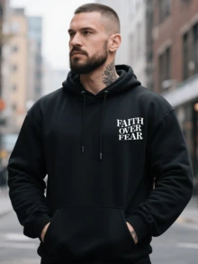 Men's Casual Hoodies With "FAITH OVER FEAR" Double-Side Letter Graphic Print, High Quality Retro Street Style Long Sleeve For Going Out - 黑色 - 查看 3