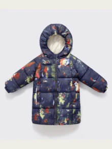 1 pieza Abrigo acolchado de algodón con capucha elástica de color azul marino y multicolor para niños, Parka de algodón de longitud media para niños y niñas, Chaqueta con cremallera para niños, Ropa de algodón para niños pequeños