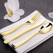 30pcs Gold Plated Flatware Set, 10-Person Setting, Includes Spoons, Forks, Knives, Suitable For Kitchen, Home, Dining Room, Shiny Gold Polished Heavy Duty Cutlery Set For Dining, Party, Dinner, Wedding - Gold - View 4