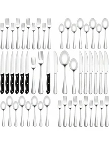 48-Piece Silverware Set With Steak Knives For 8, Stainless Steel Flatware Cutlery Set For Home Kitchen Restaurant Hotel, Kitchen Utensils Set, Mirror Polished, Dishwasher. - 48PCS - 查看 1