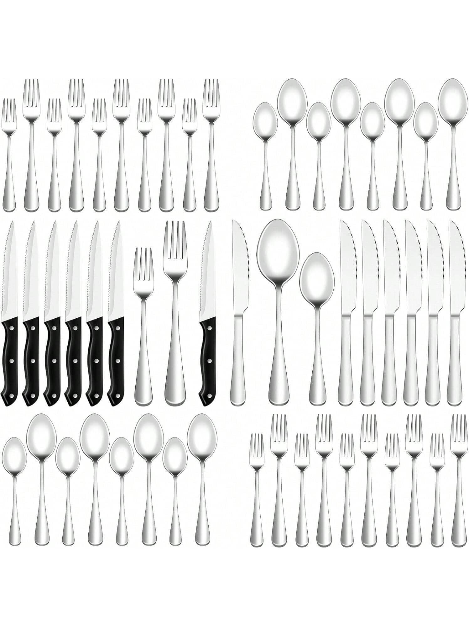 48-Piece Silverware Set With Steak Knives For 8, Stainless Steel Flatware Cutlery Set For Home Kitchen Restaurant Hotel, Kitchen Utensils Set, Mirror Polished, Dishwasher. - 48PCS - 查看 1