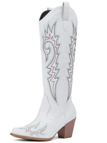 Vintage Women's Cowgirl Boots Pointed Toe Embroidery Side Zipper Chunky Mid Heel Pull On Long Boots For Women Country Concert White Cowboy Boots Women - 白色 - 查看 7