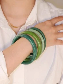 4pcs Elegant Retro Acrylic Round Bangle Bracelets For Women, Simple Design, Suitable For Casual Wear And Occasions - Green - View 4