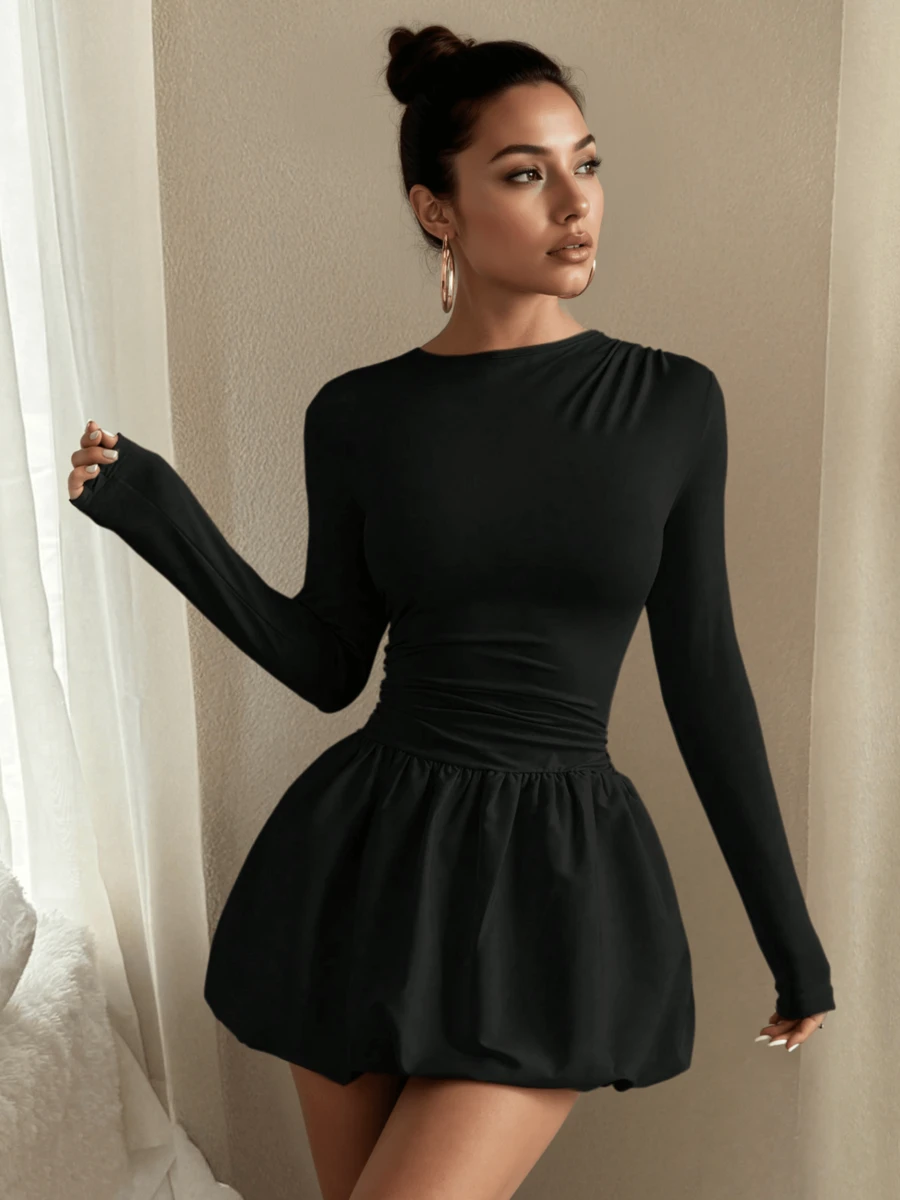 Vestido corto de manga larga con cuello redondo y dobladillo con volantes esponjosos de color liso para mujer, estilo tulipán simple e informal, adecuado para fiestas de primavera y otoño y ocasiones diarias. - Negro - Ver 1