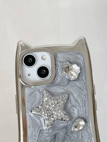 Carcasă de telefon mobil drăguță cu urechi de pisică electrolizate, gri ciment, pliabile, în formă de inimă, cu oglindă de machiaj cu stras, compatibilă cu 11/12/13/14/15pro Max