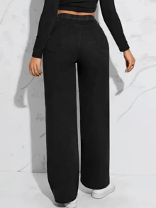 Mezclilla Talla Grande para Mujer Cintura Alta Elásticos Larga Duración Jeans de pierna ancha de ajuste relajado de cintura alta para mujer - Negro - Ver 4
