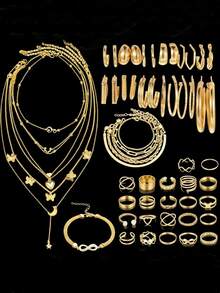 FAXHION 68pcs/58pcs/54pcs/35pcs Elegant Stars,Heart,Butterfly,Flower,Faux Pearl,Bow Earrings,Rings,Necklace,Bracelet,Anklets Jewelry Set For Women's Daily Outfit, Decoration, Dates, Gatherings, Parties Valentines,Gift ﻿ - 金黃色 - 查看 8