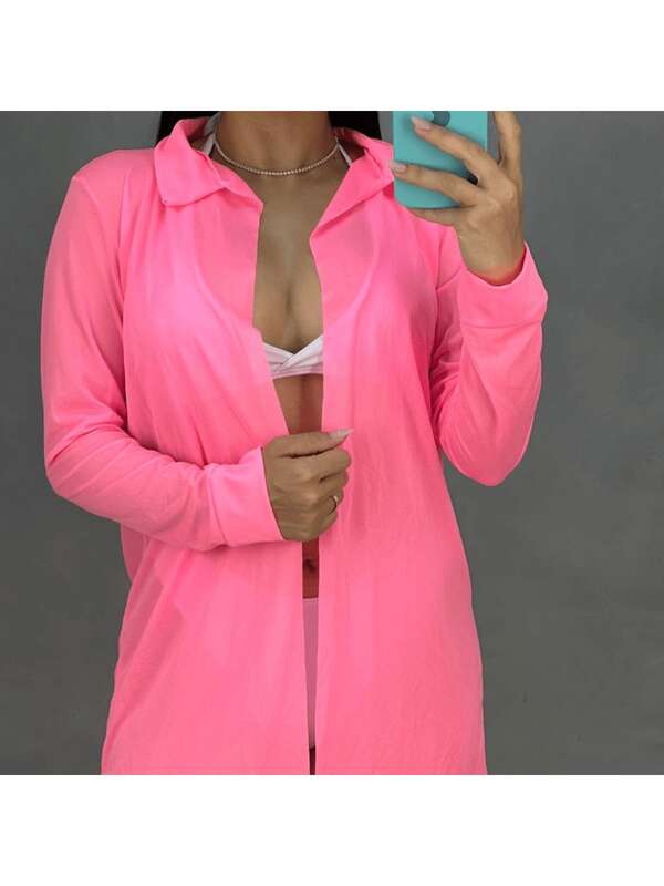 Saída De Praia De Tule Camisa Longa Manga Longa Sem Botões Moda Praia Verão