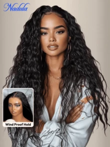 Nadula 7x5 Bye-Bye Slip™ Wig Black Water Wave Flexible Mesh Cap Wig With Secure Silicone Strips And Drawstring No Slip Glueless Wig Water Wave With Baby Hair Pre Cut Pre Plucked Bleached Knots Ready To Wear Glueless Human Hair Wigs 180% Density - SNatural - 查看 2
