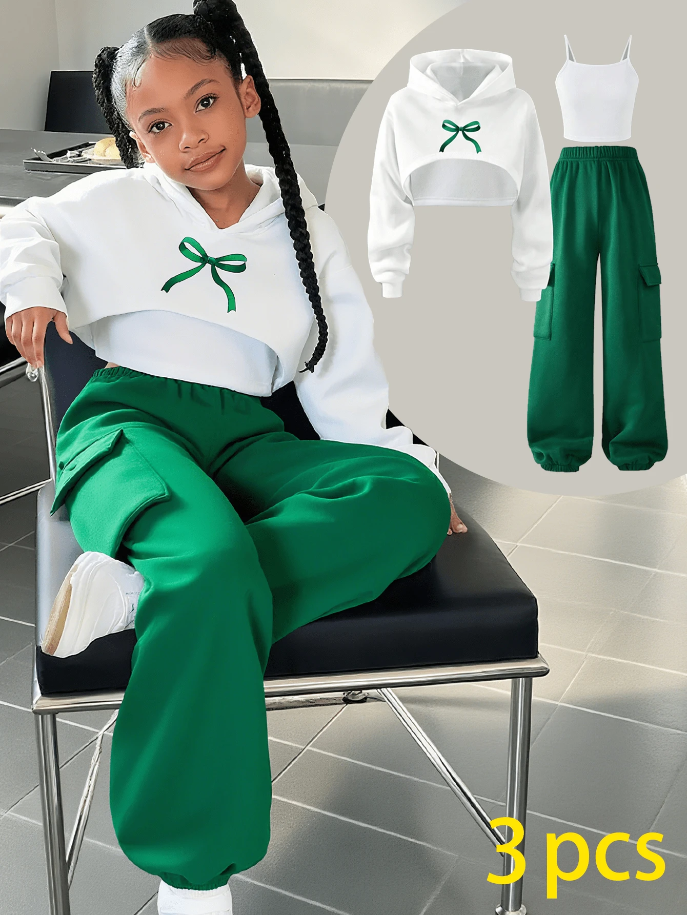 Tween Girls' Bow Print Hoodie Long Sleeve Top With Camisole & Pants Set - White - View 1