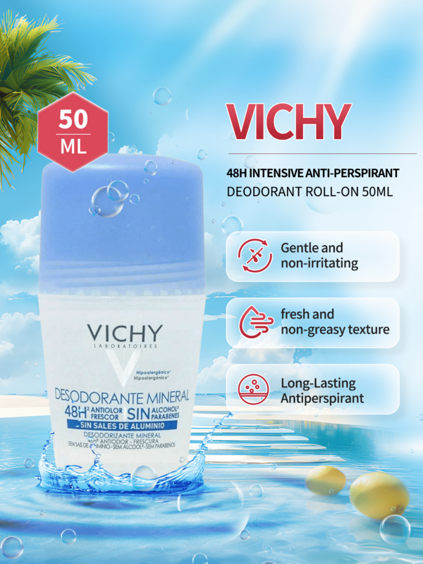  Vichy 48H Roll-On Deodorant, 50ml - With Soothing Vitamin B5