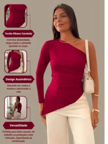 Women's Asymmetrical Blouse, Elegant One Shoulder, Long Sleeve, Premium Ribbed - 紅色 - 查看 2