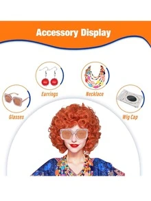FantaLook 卷曲橙红色角色扮演假发，带项链、耳环和太阳镜，适合女士万圣节服装 - 橘色 - 查看 2