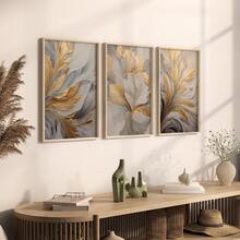 Set Of 3 Unframed Luxury Golden And White Leaves Poster, Waterproof Canvas Wall Art, Artwork Wall Painting For Gift, Wall Picture For Living Room, Bedroom, Dining Room, Kitchen, Office, Bathroom, Wall Decor Aesthetic,Home And Dormitory Decoration