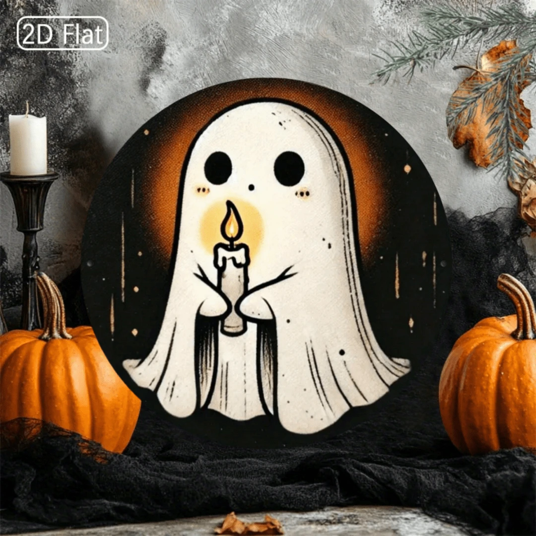 1 件 7.87x7.87 英寸鬼魂金属标志 - 可爱又怪诞的万圣节墙壁艺术，带蜡烛设计，适合鬼屋、农舍或季节性装饰，鬼屋装饰 | 异想天开的设计 | 圆形墙壁艺术，万圣节装饰，随机孔