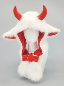 1pc Unisex Cartoon Textured Fleece Cute Christmas Reindeer Ear Muff Scarf With Hat, Thick Warm Soft Plush, Winter Accessory