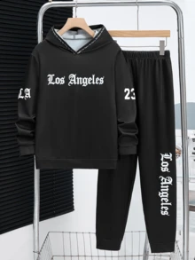 2 件男童青少年 23 号和 LA 字母印花连帽卫衣和条纹字母印花慢跑裤套装，秋冬 - 黑色 - 查看 1