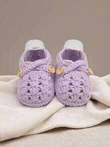 1 Pair Handmade Crochet Infant Shoes, Light Purple Color With Button Decor, Infant Size - Mauve Purple - View 4