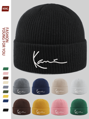 1 Stück minimalistischer Luxus Kam Signature bestickter Winter Beanie Hut, warmer und kältebeständiger unisex gestreifter gestrickter Umschlag Skimütze, geeignet für Männer & Frauen Outdoor-Sport wie Skifahren, Radfahren, Laufen, Skateboarden, Fitness, tolles Geschenk für Familie & Freunde zu Halloween, Weihnachten