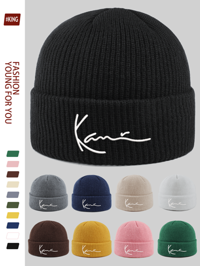 1 pièce Bonnet d'hiver brodé de luxe minimaliste Kam Signature, bonnet côtelé tricoté rayé chaud et coupe-vent unisexe, convient pour les sports de plein air comme le ski, le cyclisme, la course, le skateboard, la fitness. Excellent cadeau pour la famille et les amis pour Halloween et Noël