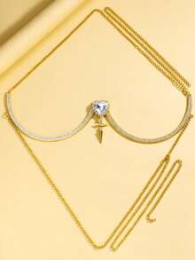 STONEFANS 1pc Gold Color New Cross & Heart Shaped Bra Chain, Sexy Body Chain With Rhinestones, Suitable For Nightclub, European And American Style