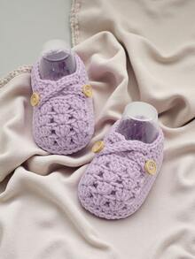1 Pair Handmade Crochet Infant Shoes, Light Purple Color With Button Decor, Infant Size - Mauve Purple - View 3