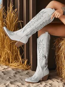 Vintage Women's Cowgirl Boots Pointed Toe Embroidery Side Zipper Chunky Mid Heel Pull On Long Boots For Women Country Concert White Cowboy Boots Women - 白色 - 查看 2
