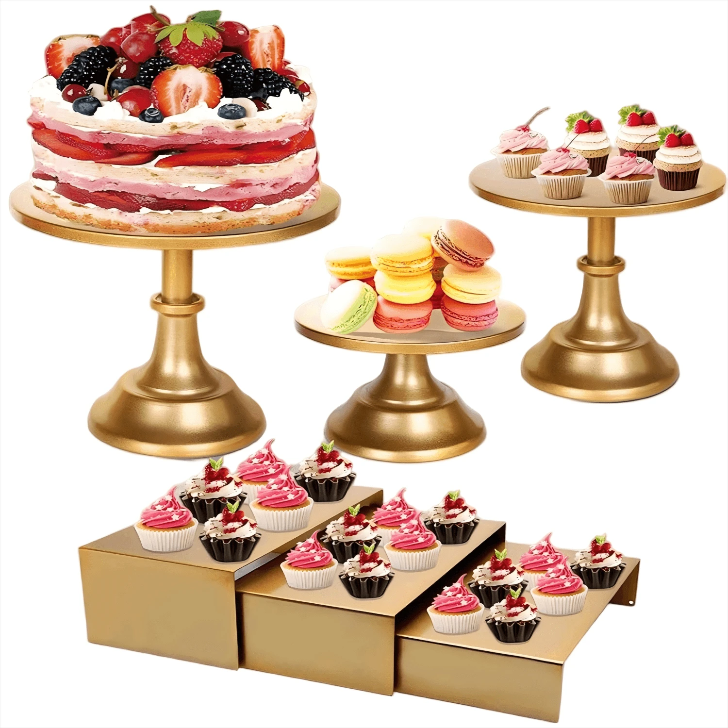 6PCS Cake Stand Set, White Metal Cake Stands For Party, Dessert Table Display Set, 3 Size Round Cake Pedestal Stand With Cupcake Risers Stands, Dessert Holders For Weddings Birthday - 金色 - 查看 1