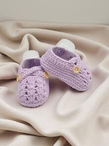 1 Pair Handmade Crochet Infant Shoes, Light Purple Color With Button Decor, Infant Size - Mauve Purple - View 6