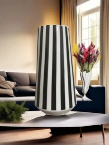 1Pc Hand-Painted Modern Black And White Minimalist Ceramic Vase,Mid Century Modern Striped Vases,Black White Checkered Green And White Stripes Vase,Creative Design, Delfts Blauw, Collectible-Grade Ceramics,Decorative Vases For Flowers, Perfect As A Bohemian Home Accent Home Decor Room Decor Flower Vase Glass Vase - Black and White Pattern - View 7