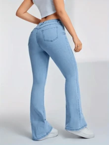 Pantalones Mezclilla Jeans Pierna acampanados Talla Grande para Mujer Azul Claro Cintura Alta Elásticos Larga Duración y Suelta - Azul - Ver 4