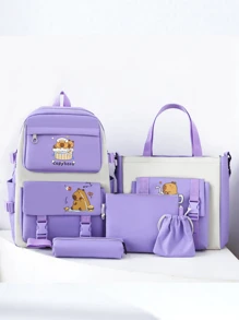 5件套时尚简约可爱卡通水豚-San Capybara 大容量耐用背包和手提袋组合 - 紫色 - 查看 1