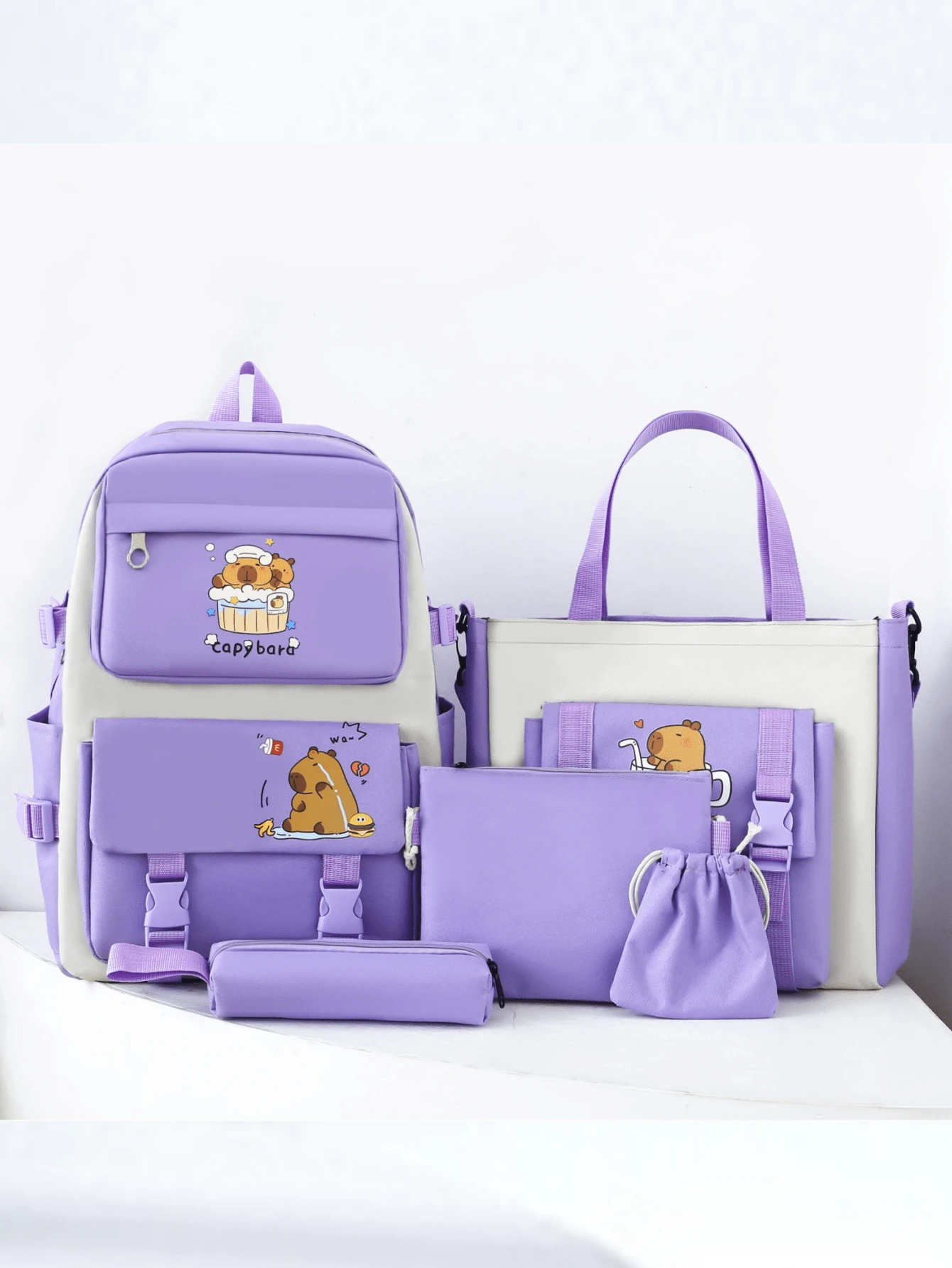 5件套时尚简约可爱卡通水豚-San Capybara 大容量耐用背包和手提袋组合 - 紫色 - 查看 1