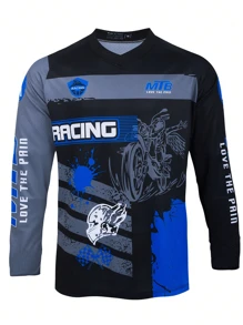 男式渐变图案长袖山地骑行服，适合骑行运动，蓝黑色，舒适透气 - 藍色 - 查看 2