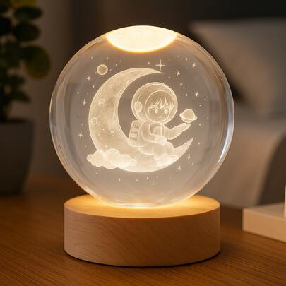 Luminaria Cristal Decorativa 3D LED Base Madeira Mesa Presente Criativo Iluminacao Diferenciada