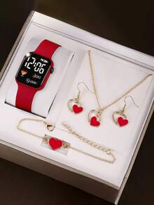 Set 5 bucăți, ceas digital elegant pentru femei + colier, brățară, cercei, set de bijuterii, cadou de Halloween, cadou de Crăciun, cadou pentru fete, cadou de ziua de naștere, cel mai bun cadou pentru viața de școală.