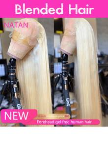 NATAN #613 Golden Short Bob Wig, No Glue Needed, 13x4 High Definition Lace Front, 10A Grade Brazilian Straight Hair, 180% Density, Pre-Plucked, Natural Hairline, Unisex. This Wig Is Made Of Real Human Hair At The Front Hairline And A Blend Of Synthetic Fibers And Protein Strands, Featuring Brazilian Straight Hair. - S/613 - View 3