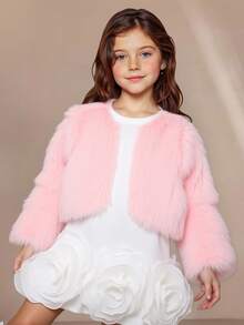 SHEIN 年轻女孩时尚蓬松装饰开衫背心，秋冬优雅休闲外套 - 藕粉色 - 查看 2