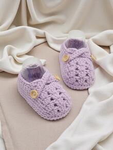 1 Pair Handmade Crochet Infant Shoes, Light Purple Color With Button Decor, Infant Size - Mauve Purple - View 5