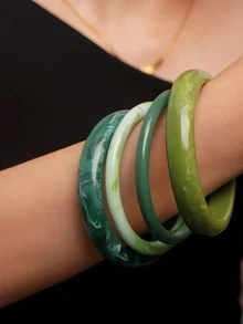 4pcs Elegant Retro Acrylic Round Bangle Bracelets For Women, Simple Design, Suitable For Casual Wear And Occasions - Green - View 2