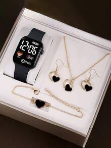 Set 5 bucăți, ceas digital elegant pentru femei + colier, brățară, cercei, set de bijuterii, cadou de Halloween, cadou de Crăciun, cadou pentru fete, cadou de ziua de naștere, cel mai bun cadou pentru viața de școală.