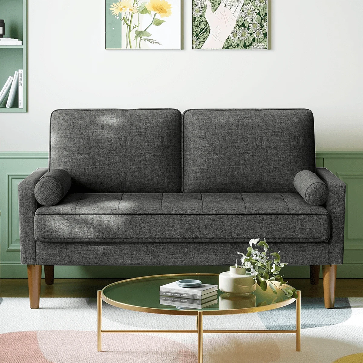 JANZDIYS 2-Seater Sofa, 121 Cm Linen Sofa With Spring Cushions, Mini Room With Armrests, Modern Living Room Loveseat, Fixed 2-Seater Loveseat
