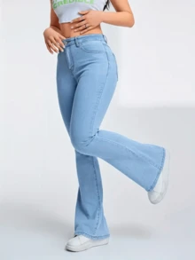 Pantalones Mezclilla Jeans Pierna acampanados Talla Grande para Mujer Azul Claro Cintura Alta Elásticos Larga Duración y Suelta - Azul - Ver 1