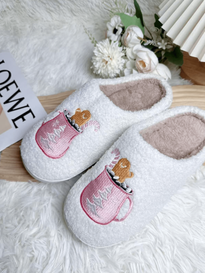 Women's Cute Christmas Series Slippers, Pink Fairy Honey Pot Gingerbread, Thick Sole, Anti-Slip, Warm Indoor Bathroom Kitchen Slippers For Autumn/Winter