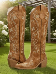 Women Vintage Knee High Cowgirl Boots Floral Embroidered Pointed Toe Western Cowboy Boots Chunky Heel Pull On Retro Dress Party Wedding Shopping Outdoor Christmas Country Music Festival Tall Boots For Women - nâu nhạt - Xem 4