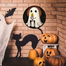 1 件 7.87x7.87 英寸鬼魂金属标志 - 可爱又怪诞的万圣节墙壁艺术，带蜡烛设计，适合鬼屋、农舍或季节性装饰，鬼屋装饰 | 异想天开的设计 | 圆形墙壁艺术，万圣节装饰，随机孔