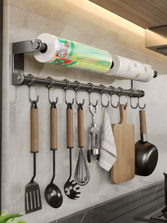 30cm/12in Stainless Steel Multipurpose Double Rail Wall Mount Hooks With 6 Hooks, 40cm/16in With 8 Hooks, 50cm/20in With 10 Hooks. Ideal For Hanging Kitchen/Bathroom Paper Towels, Cling Film, Utensils, Cups, Rags, Keys/Bags/Hats, Jewelry, Clothes/Pants, Garage Tools, Bathroom Accessories, Etc. Suitable For Kitchen, Bathroom, Entryway, Closets, Hotels, Cafes, Garages, And More.