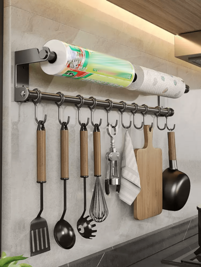 30cm/12in Stainless Steel Multipurpose Double Rail Wall Mount Hooks With 6 Hooks, 40cm/16in With 8 Hooks, 50cm/20in With 10 Hooks. Ideal For Hanging Kitchen/Bathroom Paper Towels, Cling Film, Utensils, Cups, Rags, Keys/Bags/Hats, Jewelry, Clothes/Pants, Garage Tools, Bathroom Accessories, Etc. Suitable For Kitchen, Bathroom, Entryway, Closets, Hotels, Cafes, Garages, And More.