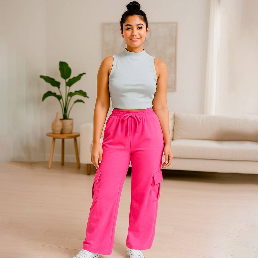 Conjunto cargo mujer top sin mangas ajuste cómodo casual urbano - Rosa Fucsia - Ver 1